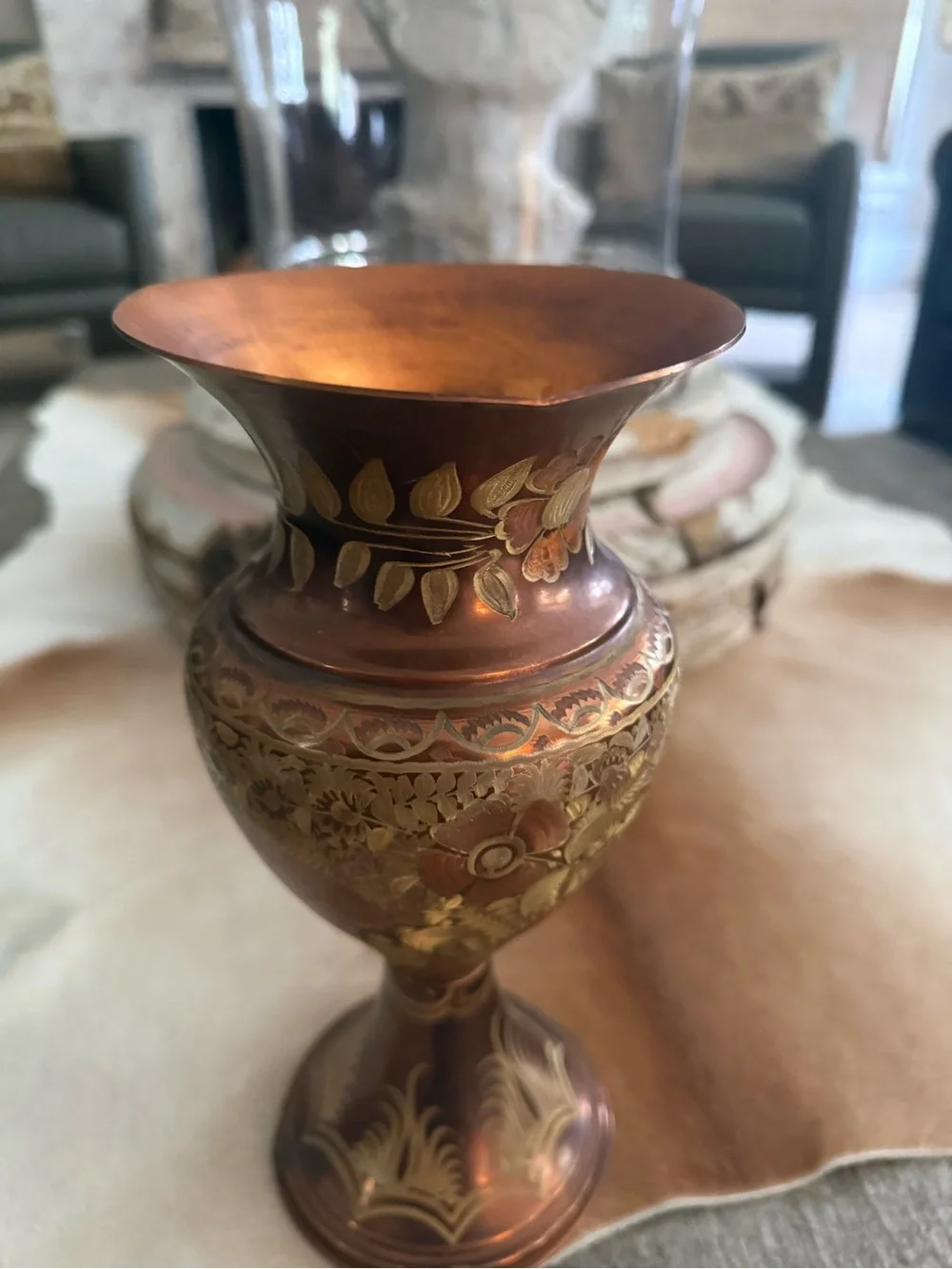 Ornate Copper-Tone Decorative Vase - Floral Etched Accent